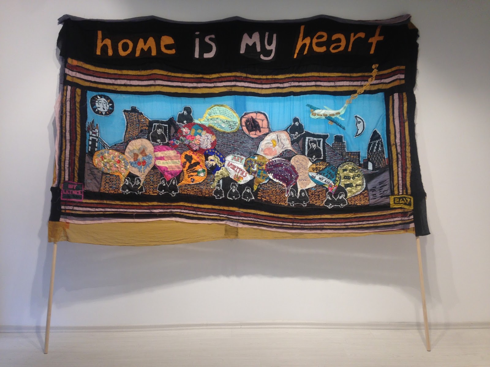 "Home is my Heart", 2017, embroidery on fabric — installation view at The Cass, London Metropolitan University, Art Night 2017