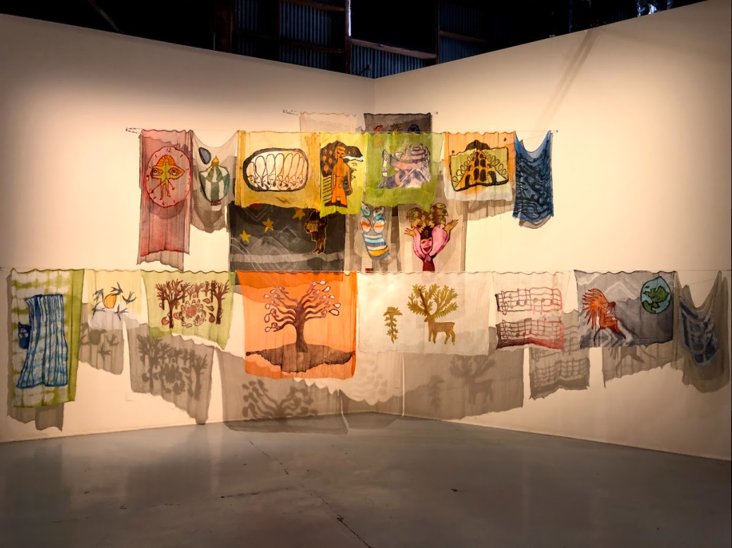 "Hu hu hu" — Embroidery on fabric installation at SOMArts Cultural Center, Sounds Like Home